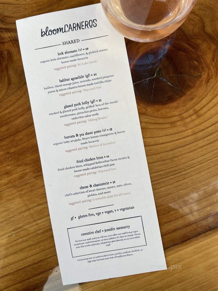 Bloom Carneros - Sonoma, CA menu_pic