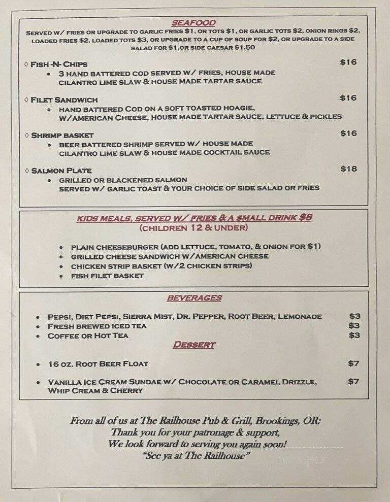 Rail House Pub & Grill - Brookings, OR menu_pic