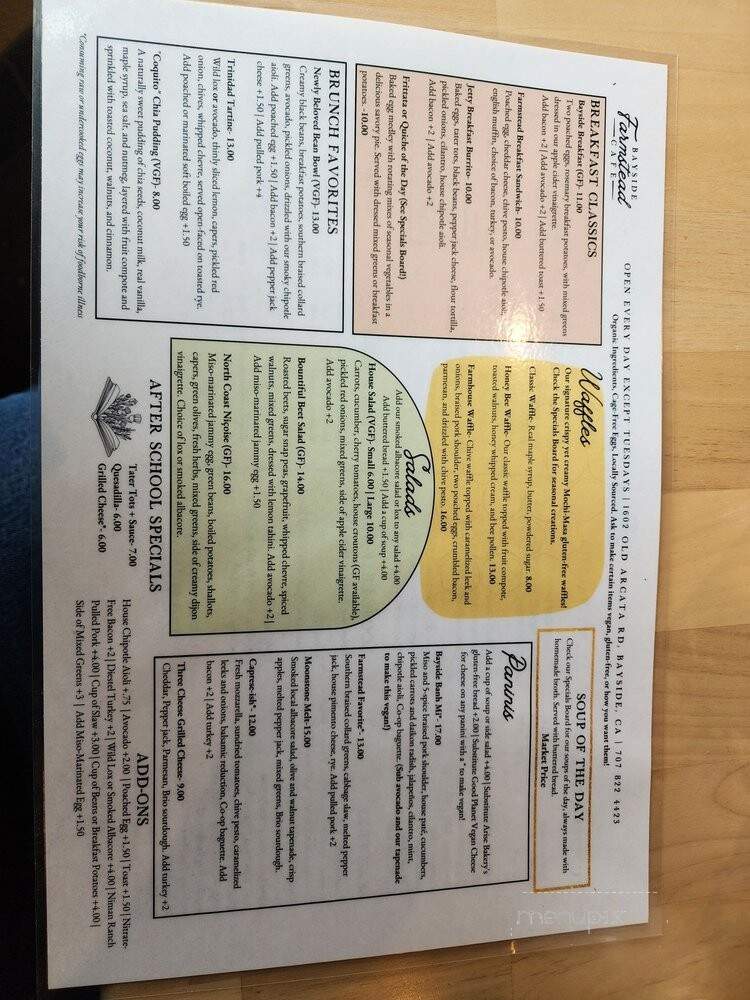 Bayside Farmstead Cafe - Bayside, CA menu_pic