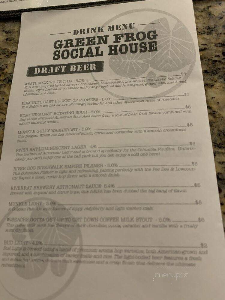 Green Frog Social House - Lake City, SC menu_pic