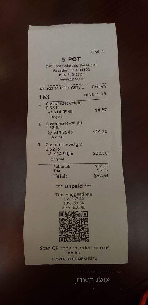 5 Pot - Pasadena, CA menu_pic