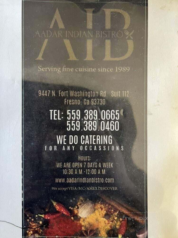 Aadar Indian Bistro - Fresno, CA menu_pic