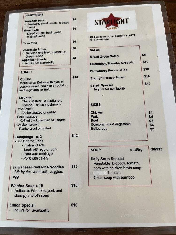 Starlight Cafes - San Gabriel, CA menu_pic