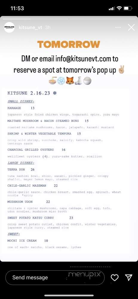Kitsune VT - Stowe, VT menu_pic