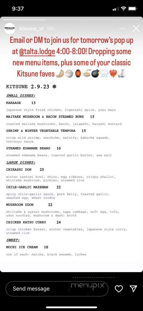 Kitsune VT - Stowe, VT menu_pic