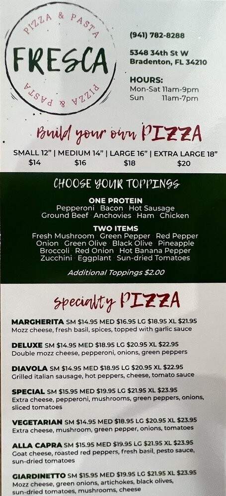 Fresca Pizza' and Pasta - Bradenton, FL menu_pic