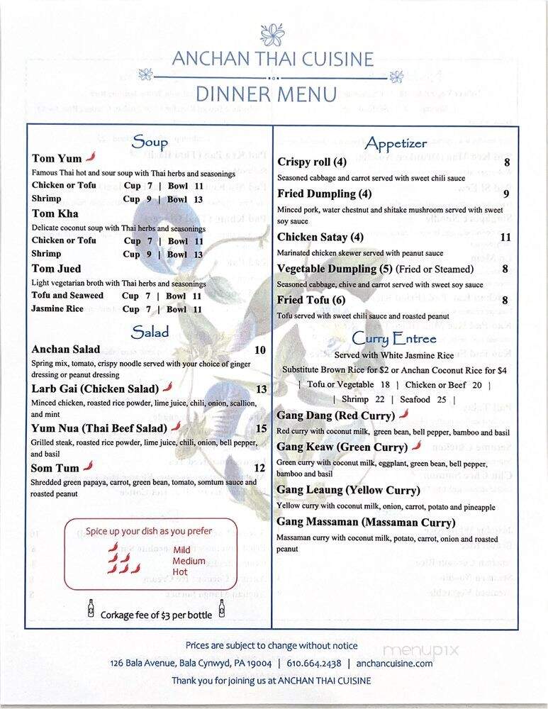 Anchan Thai Cuisine - Bala Cynwyd, PA menu_pic