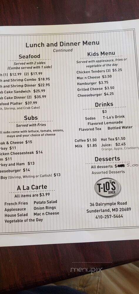 T-Lo's Diner - Sunderland, MD menu_pic