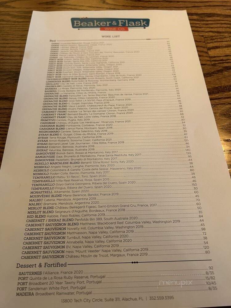 Beaker & Flask Wine Co - Alachua, FL menu_pic