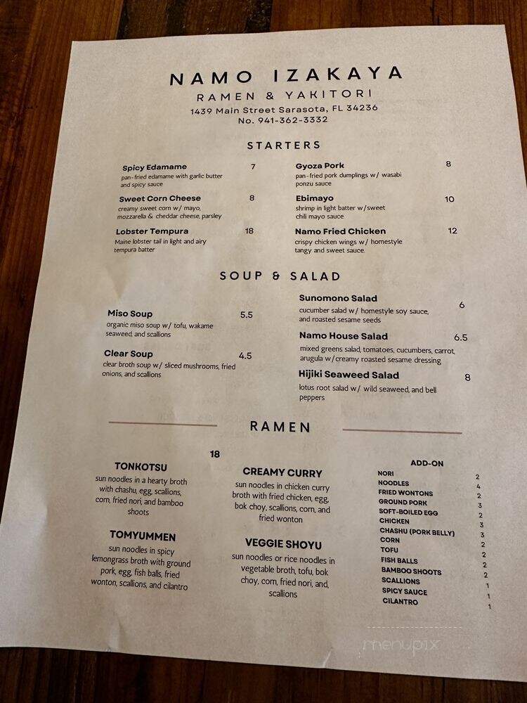 Namo Izakaya Ramen & Yakitori - Sarasota, FL menu_pic