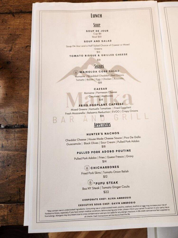 Mauka Bar and Grill - Kamuela, HI menu_pic