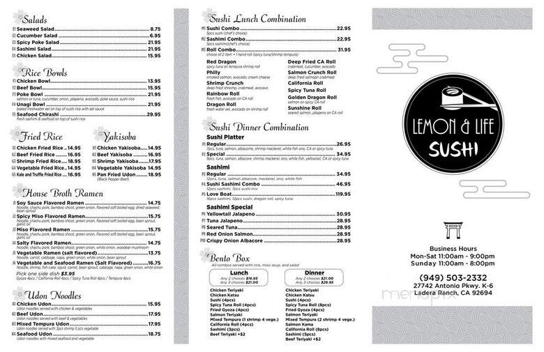 Lemon & Life Sushi - Mission Viejo, CA menu_pic
