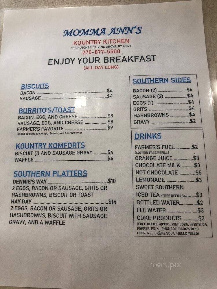 Momma Ann's Kountry Kitchen - Vine Grove, KY menu_pic