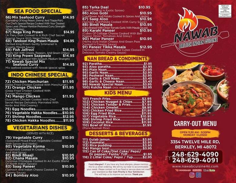 Nawab British Indian Cuisine - Berkley, MI menu_pic