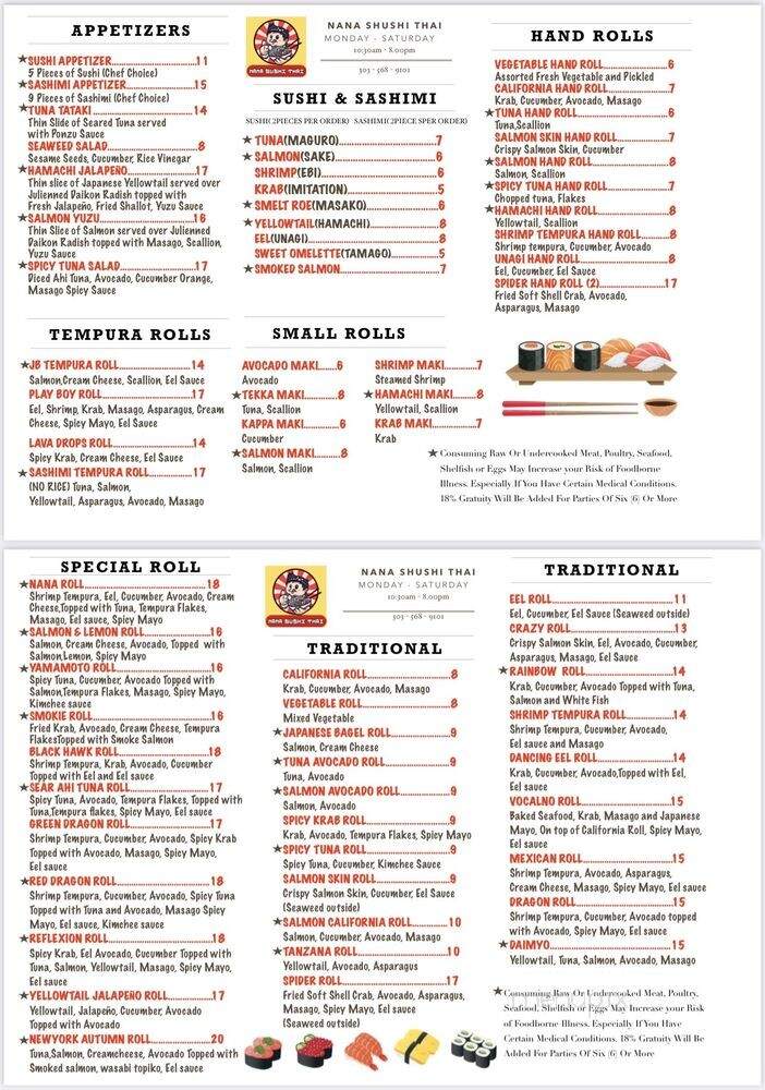 Nana Sushi Thai - Evergreen, CO menu_pic