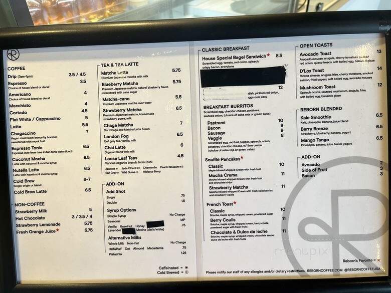 Reborn Coffee - Anaheim, CA menu_pic