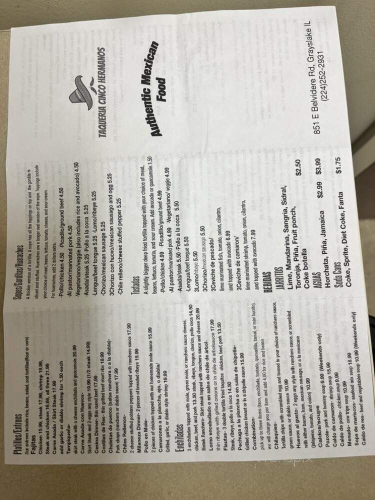 Taqueria Cinco Hermanos - Grayslake, IL menu_pic
