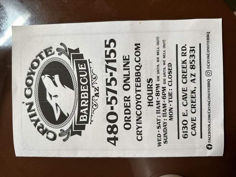 Cryin' Coyote Barbecue - Cave Creek, AZ menu_pic