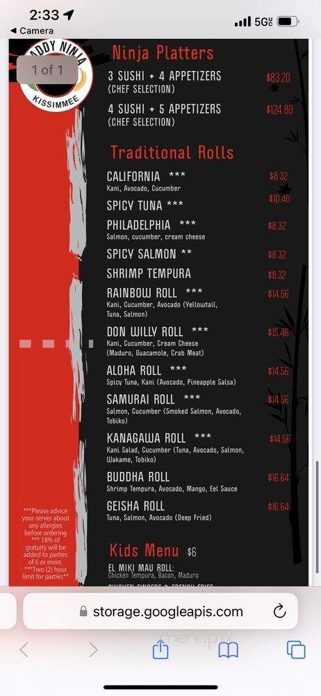Daddy Ninja Restaurant - Kissimmee, FL menu_pic