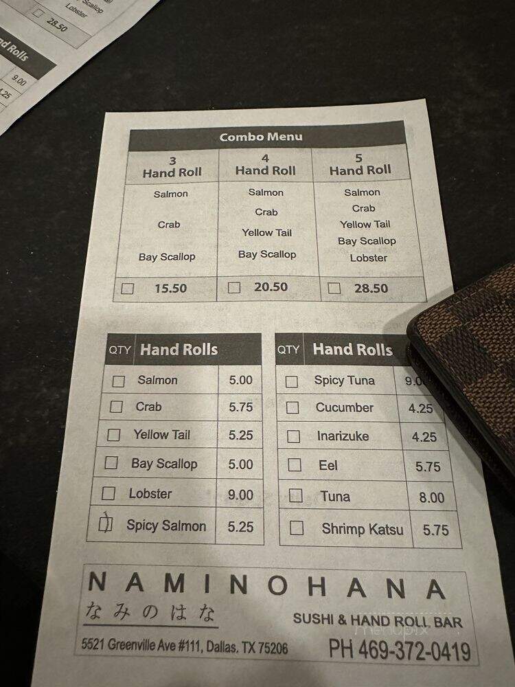 Naminohana - Dallas, TX menu_pic