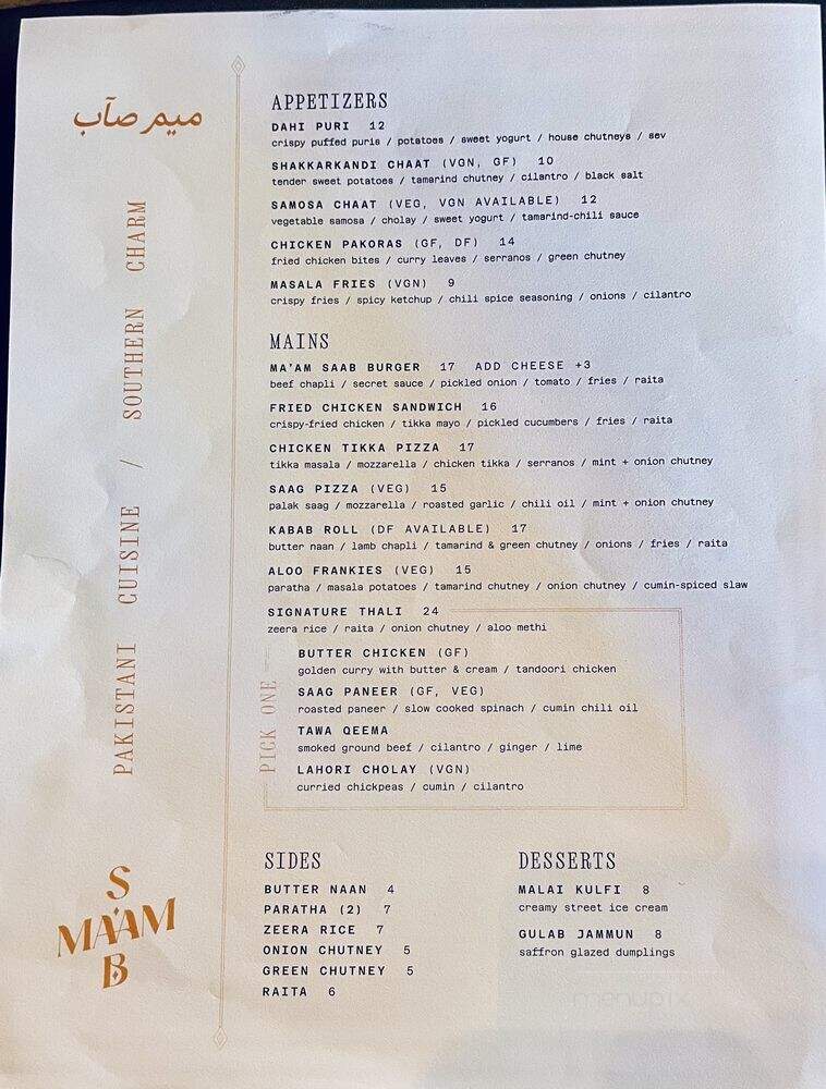 Ma'am Saab - Charleston, SC menu_pic