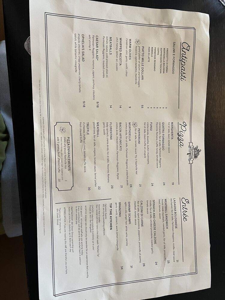 Ophelia's Pizza + Bar - Nashville, TN menu_pic