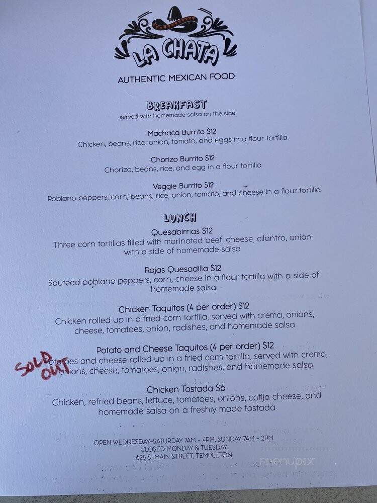 La Chata Authentic Mexican Food - Templeton, CA menu_pic