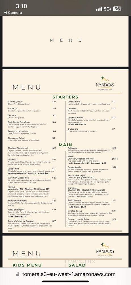 Nando's Mexican & Brazilian Cuisine - Indianapolis, IN menu_pic