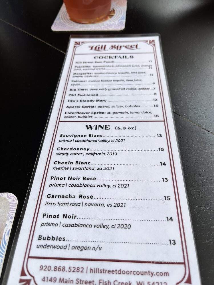 Hill Street - Fish Creek, WI menu_pic