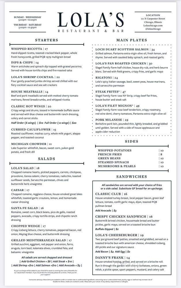 Lola's Restaurant & Bar - Chicago, IL menu_pic