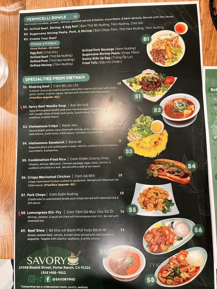 Savory Pho - Los Angeles, CA menu_pic