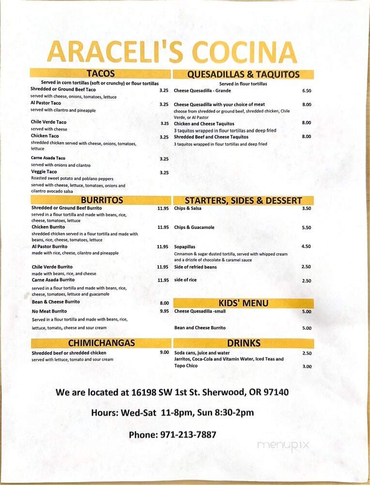 Araceli's Cocina - Sherwood, OR menu_pic