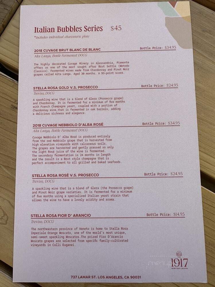 The 1917 Wine Bar & Bistro - Los Angeles, CA menu_pic