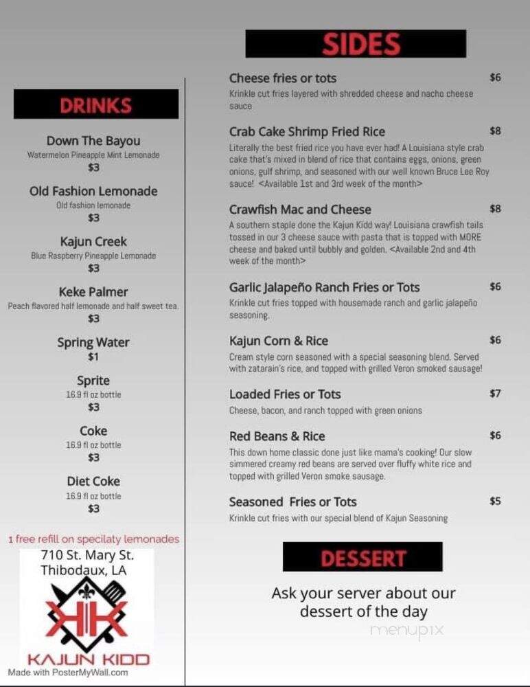Kajun Kidd Burgers & Wings Restaurant - Thibodaux, LA menu_pic