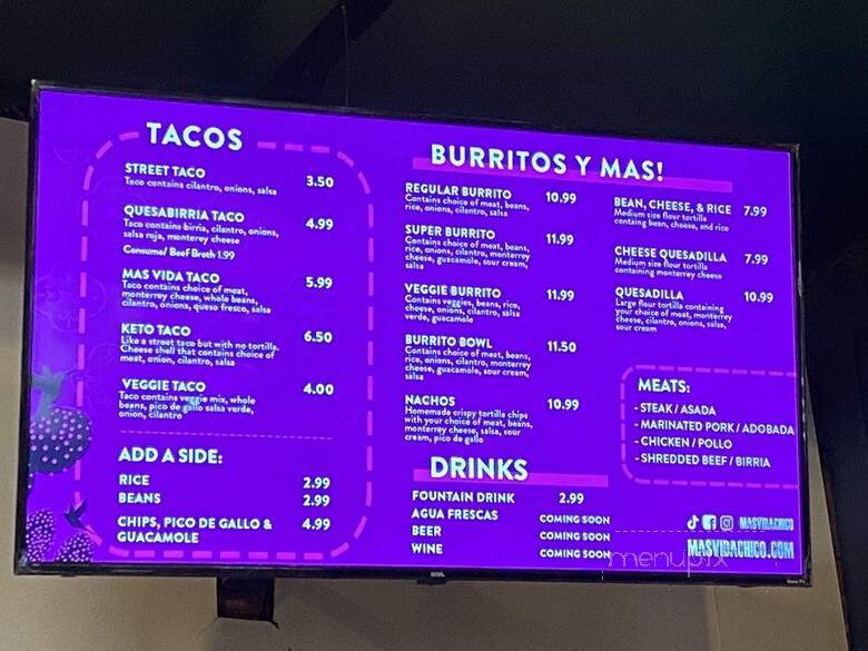 Mas Vida - Chico, CA menu_pic