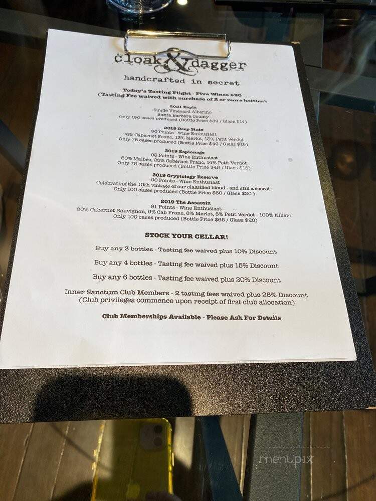 Cloak & Dagger Wines - Paso Robles, CA menu_pic