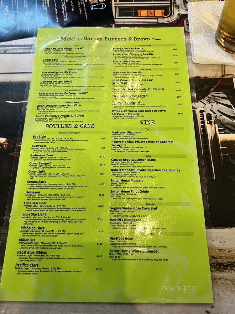 Sickies Garage Burgers & Brews - Irving, TX menu_pic
