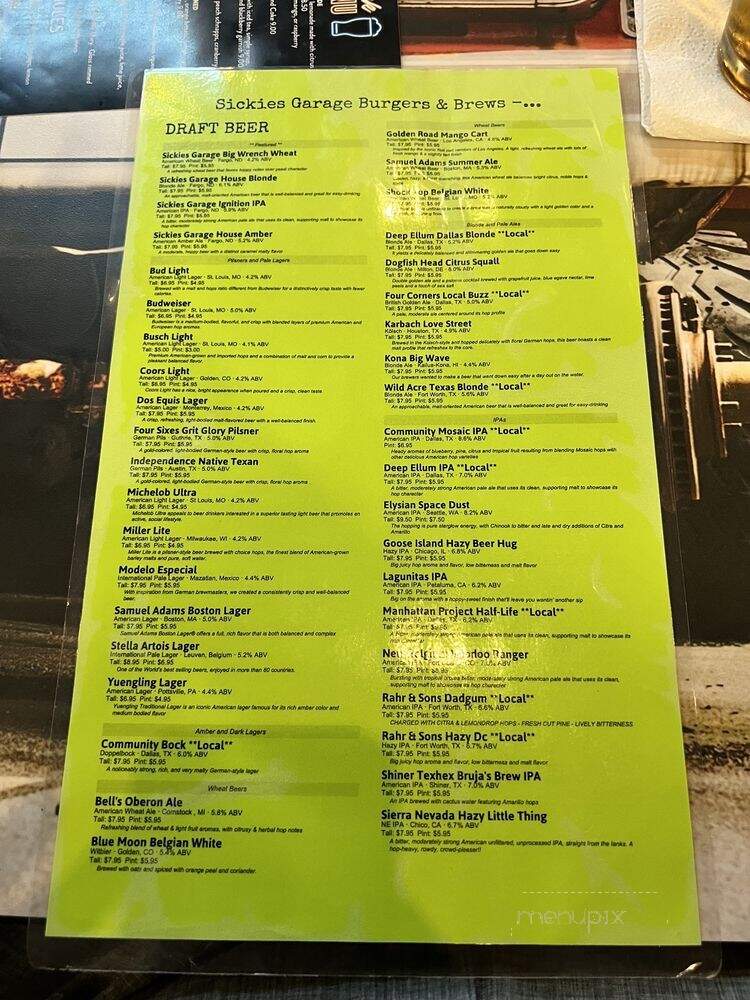 Sickies Garage Burgers & Brews - Irving, TX menu_pic