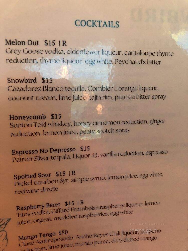 Snowbird Cocktail Lounge & Kitchen - Frisco, TX menu_pic