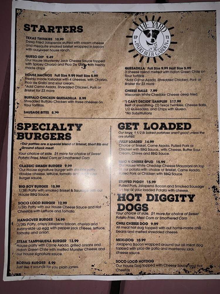 The Yard Patio Beer Garden - El Paso, TX menu_pic