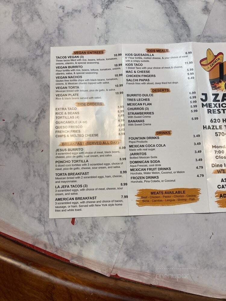 J Zapata Mexican Food Restaurant - Harleigh, PA menu_pic
