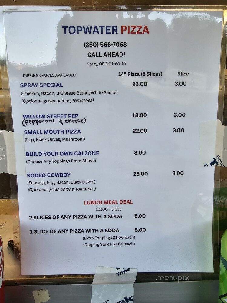 Topwater Pizza - Spray, OR menu_pic