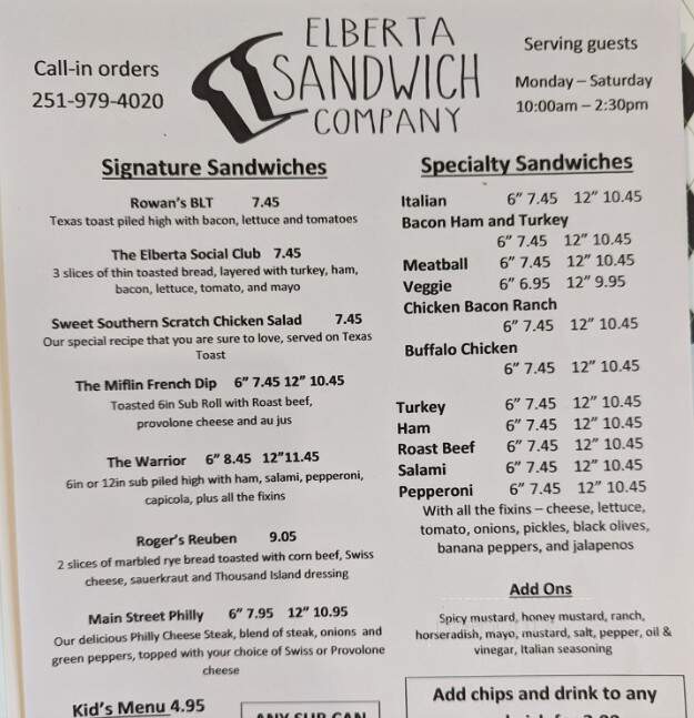 Elberta Sandwich Company - Foley, AL menu_pic