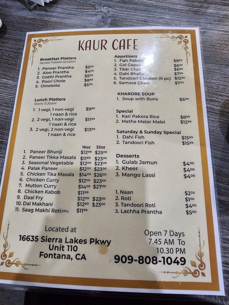 Kaur Cafe - Fontana, CA menu_pic
