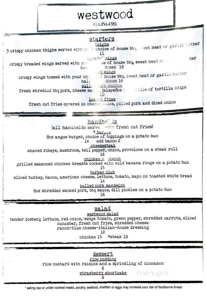 Westwood Bar & Grill - Johnstown, PA menu_pic