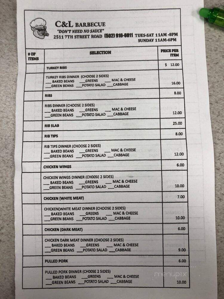 C&L Don't Need No Sauce BBQ - Louisville, KY menu_pic