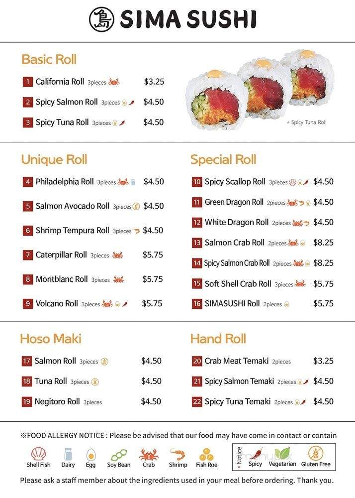Sima Sushi - Washington, DC menu_pic