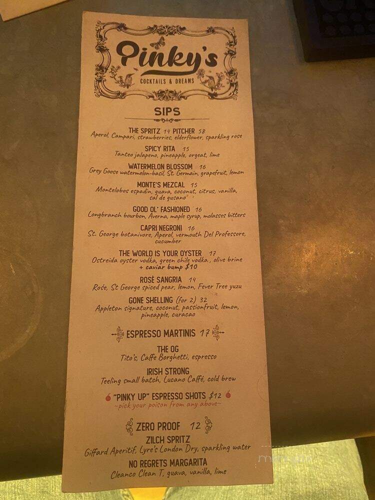Pinky's Cocktails and Dreams - Boston, MA menu_pic