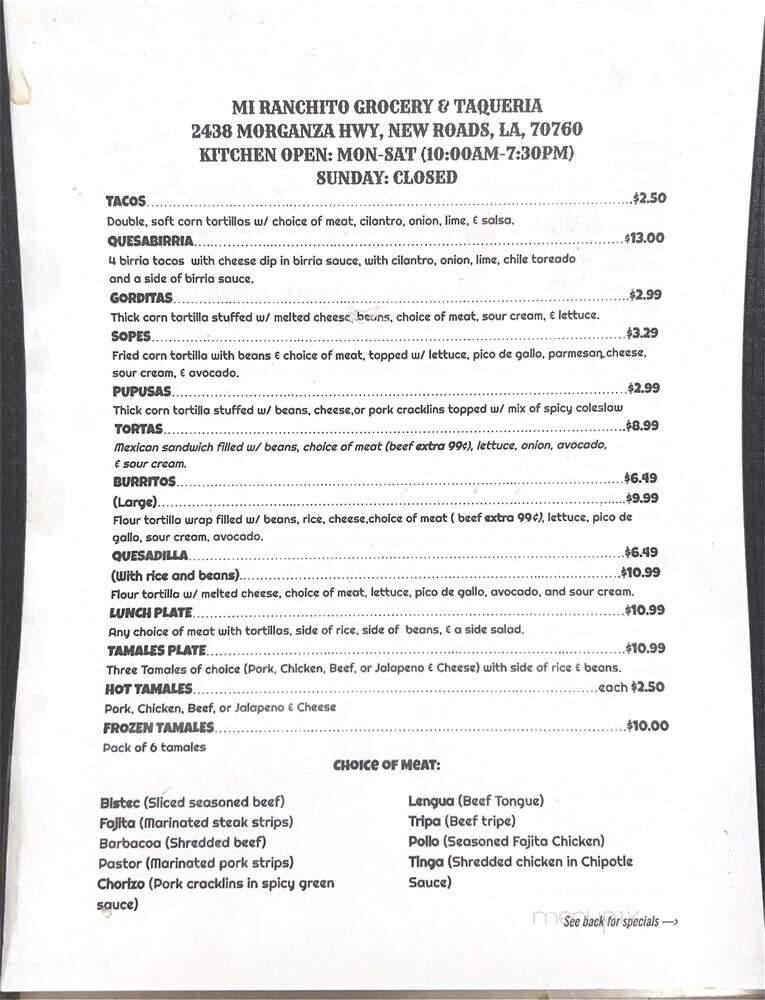 Mi Ranchito Grocery & Taqueria - New Roads, LA menu_pic