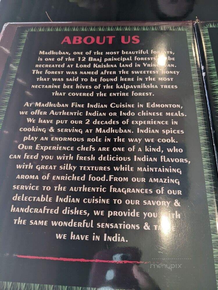 Madhuban Fine Indian Cuisine - Edmonton, AB menu_pic
